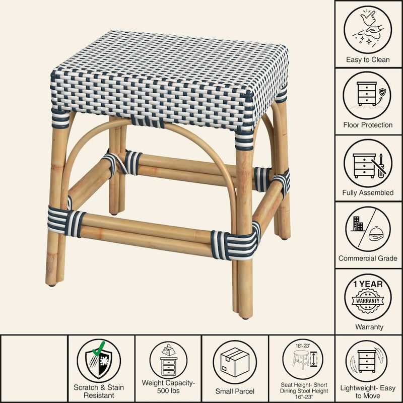 Butler Specialty Robias Rattan Rectangular 18" Dining Stool, White and Navy Stripe image number 6