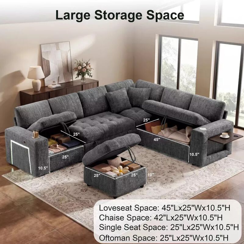 Vipbear 110" Modular Sectional Sleeper Sofa, Pull Out Bed, 7-Seat Chenille L-Shaped Couch, Storage image number 9