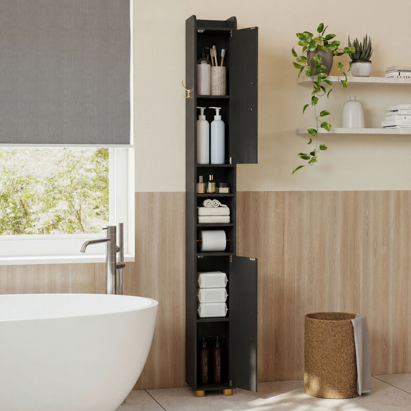Freestanding Narrow Bathroom Cabinet with Open Shelves and Toilet Paper Holder image number 5