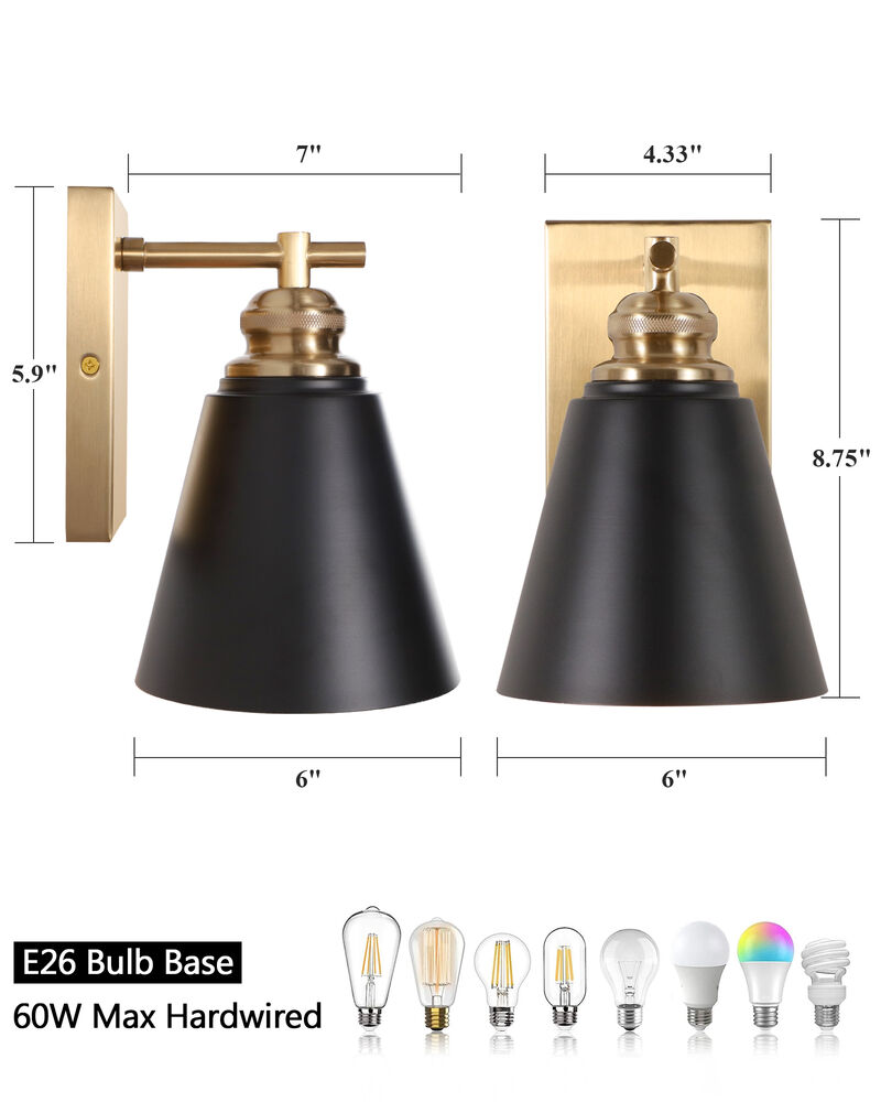 2-Pack 8.7 in. Modern Black and Warm Gold 1-Light Dimmable Indoor Wall Sconces image number 2