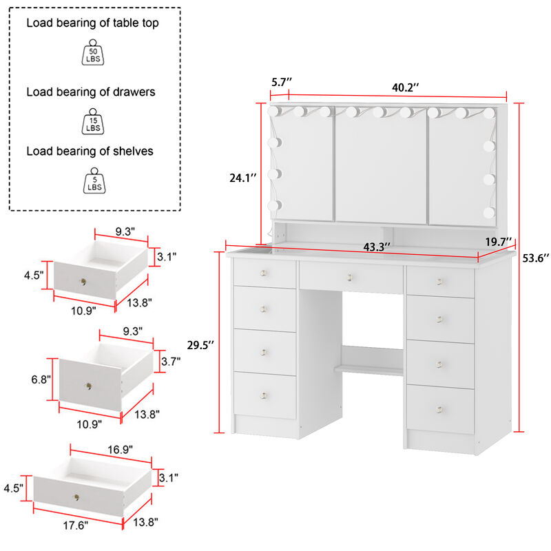 FUFU&GAGA Elegant Vanity Table with 9 Spacious Drawers and LED Mirror - 3 Lighting Modes (43.3”W x 19.7”D x 53.6”H),White