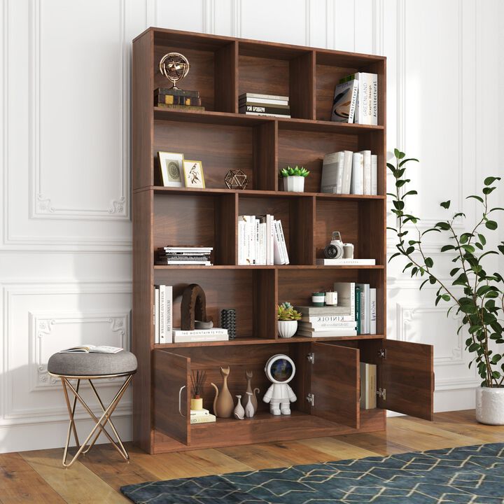 70.87 Inch Tall Bookshelf with 10 Cubes and 3 Doors Modern 4 Tier Bookcase with Storage Cabinet for Living Room and Office Walnut