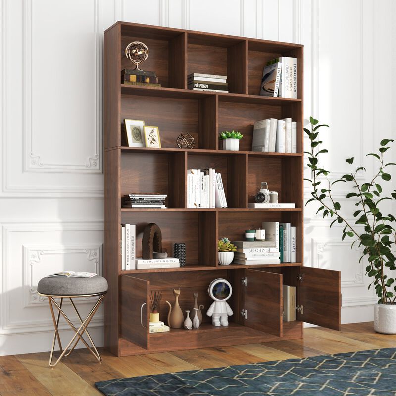 70.87 Inch Tall Bookshelf with 10 Cubes and 3 Doors Modern 4 Tier Bookcase with Storage Cabinet for Living Room and Office Walnut