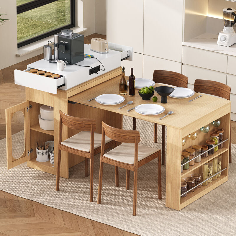Whisen Extendable Dining Table 57.7"x32.7", Glass & MDF, w/Drawers, Power Outlet, Kitchen Island on Wheels image number 2