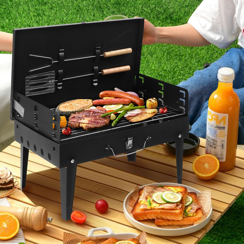 Black BBQ Grill Instant Foldable & Easy Portability For Outdoor Barbecues Camping Traveling Picnics Garden Beach Party