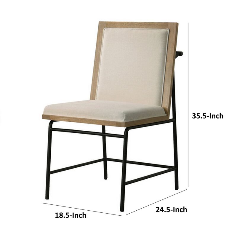 Tory 25 Inch Dining Chair Set of 2, Cream Fabric, Brown Wood, Black Metal - Benzara