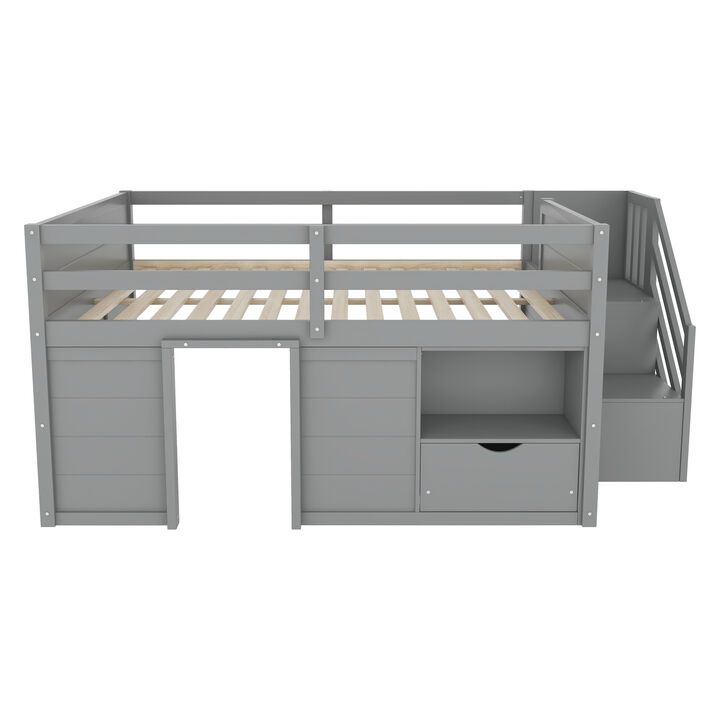 Whisen Full Size Solid Wood Low Loft Bed Frame with Built-in Stairs, Storage Drawer & Shelf for Kids Bedroom