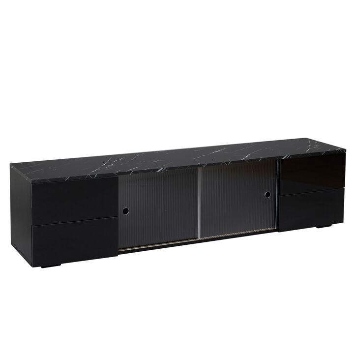 TV stand, TVCabinet, entertainment center, TV console, media console, with LED remote control lights, roof gravel texture, UV drawer panels, sliding doors, can be placed in the living room, bedroom, color: Black