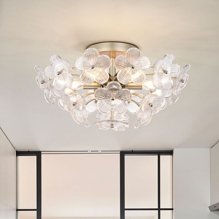 Coral Brushed Silver-ish Champagne Modern 6-Light 17.7" Glam Clear Glass Flower Crystal Flush Mount