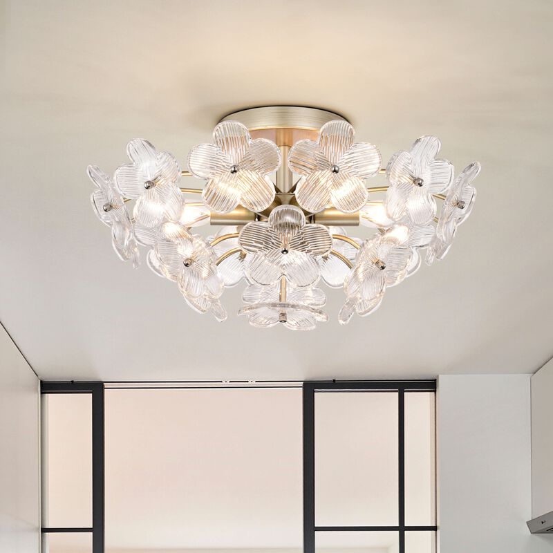Coral Brushed Silver-ish Champagne Modern 6-Light 17.7" Glam Clear Glass Flower Crystal Flush Mount image number 1