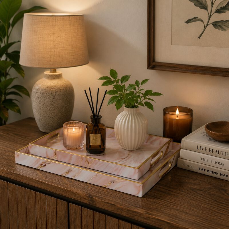 Hamza Rectangular Tray, Set of 2, Pink-Gold Marble Finish Polyurethane image number 8
