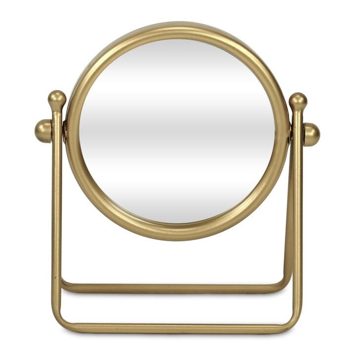 HomeRoots 10" Gold Metal Round Tilting Framed Makeup Shaving Tabletop Mirror