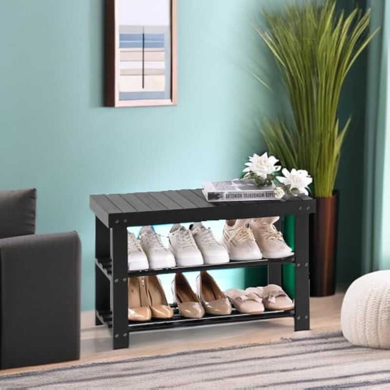 Entryway Bamboo Shoe Storage Bench 3 Tier Space Saving Black image number 3