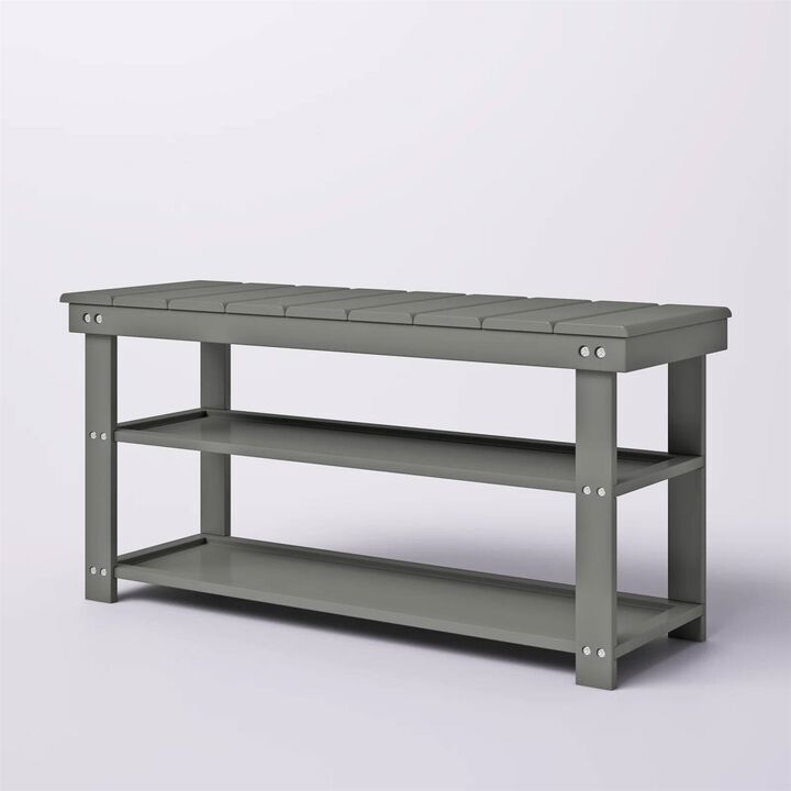 QuikFurn Grey Wood 2-Shelf Shoe Rack Storage Bench For Entryway or Closet