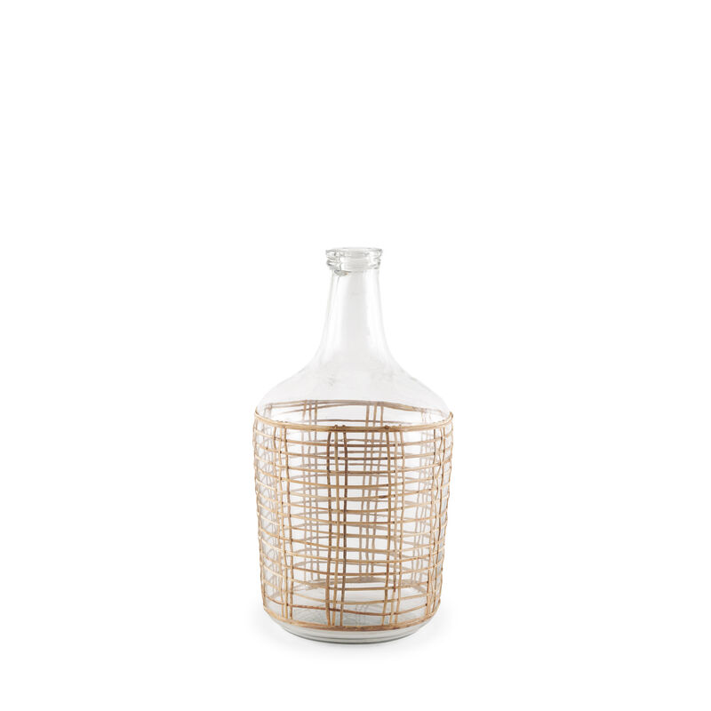 HomeRoots 15" Clear And Natural Glass Round Floor Vase With Wrapped Rattan image number 0