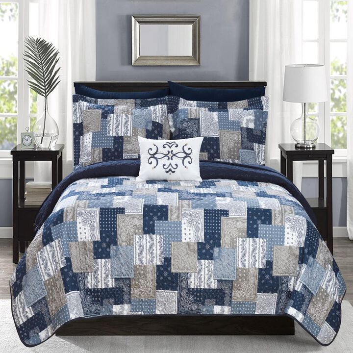 Chic Home Eliana 4 Piece Reversible Quilt Coverlet Set Embossed Patchwork Bohemian Paisley Print Quilted Design Bedding Queen Blue