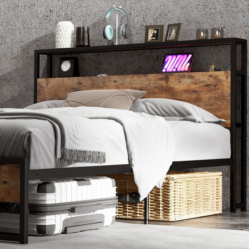 Bed Frame with 2-Tier Storage Headboard and Charging Station