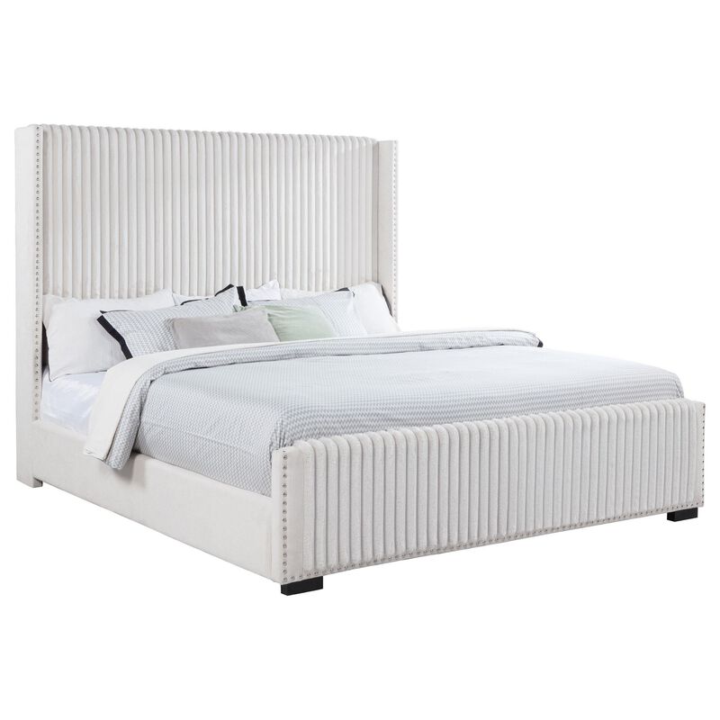Asy California King Bed, Channel Tufted Wingback Headboard, White - Benzara image number 1