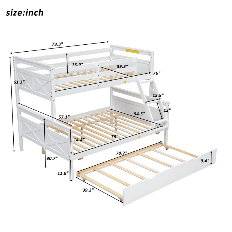 Whisen Twin over Full Bunk Bed with Ladder, Twin Size Trundle, Safety Guardrail - Gray