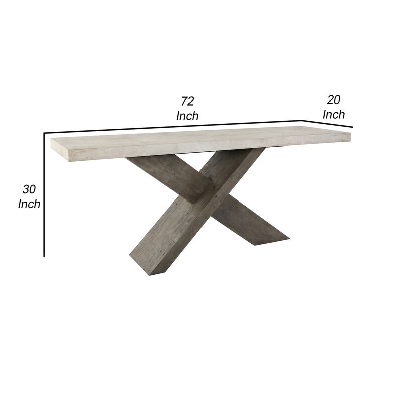 Inn 72 Inch Console Table, Crossed Legs, Wood Grain Details, Beige, Gray-Benzara image number 5