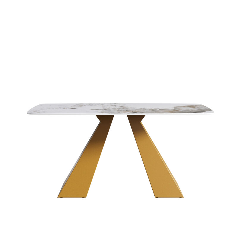 63" Modern artificial stone pandora white curved golden metal leg dining table -6 people