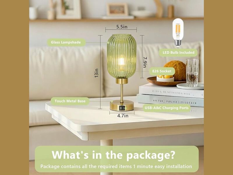 Table Lamp &ndash; Vintage Green Glass Bedside Light, 3‑Way Dimmable Gold USB Desk Lamp image number 2