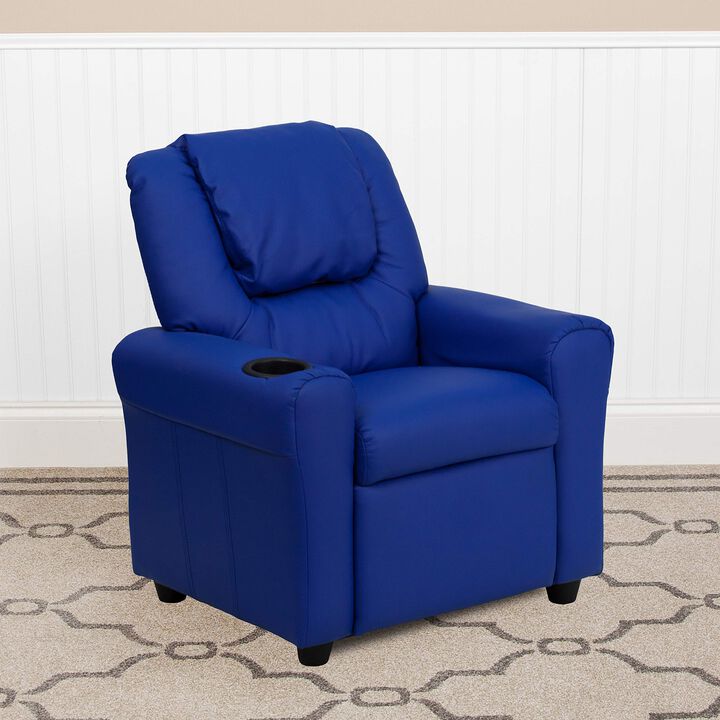 Flash Furniture Vana Vinyl Kids Recliner with Cup Holder, Headrest, and Safety Recline, Contemporary Reclining Chair for Kids, Supports up to 90 lbs., Blue