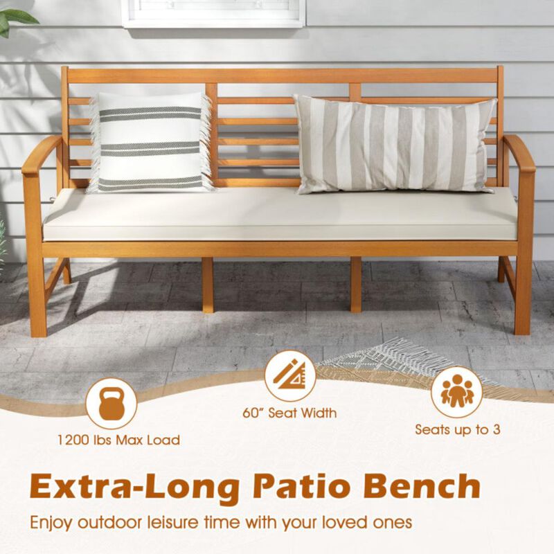 Hivvago Patio 64 Inch Wood Bench with Seat Cushion and Slatted Seat for Backyard
