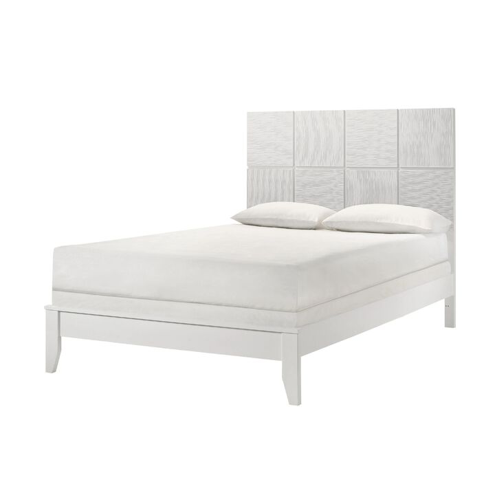 Deny Queen Size Bed w Grid Pattern Headboard, Tapered Front Legs, White