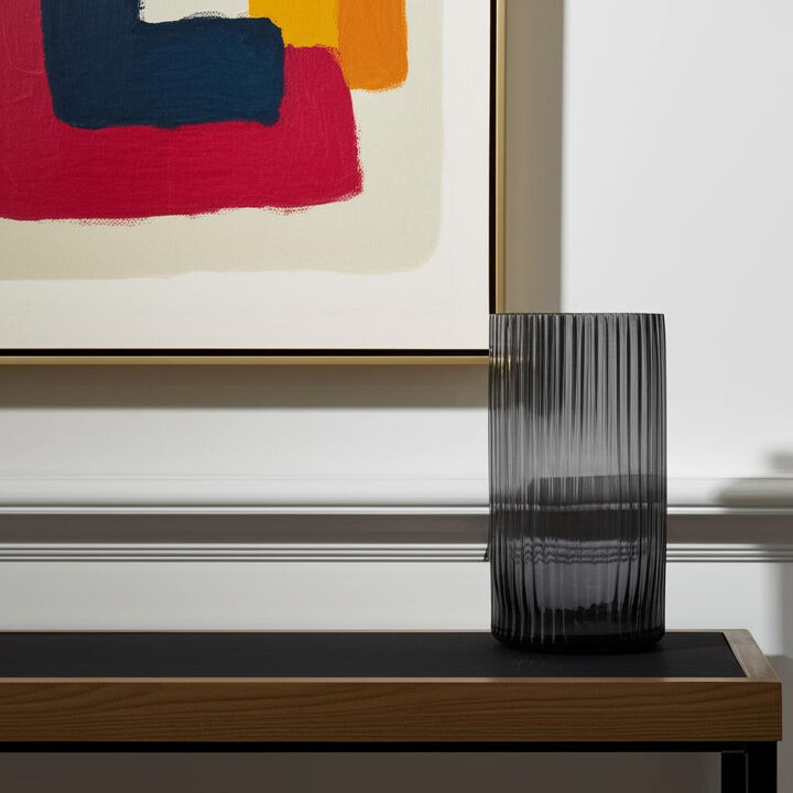 HomeRoots 11" Black Cylinder Ribbed Glass Table Vase