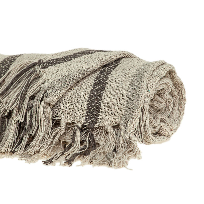 HomeRoots 67" X 52" Beige And Taupe Cotton Woven Striped Throw Blanket with Fringe image number 2