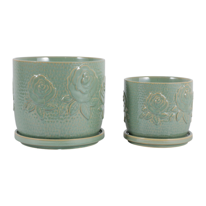 S/2 6/8" Rose Embossed Saucer Planters, Sage Green image number 2