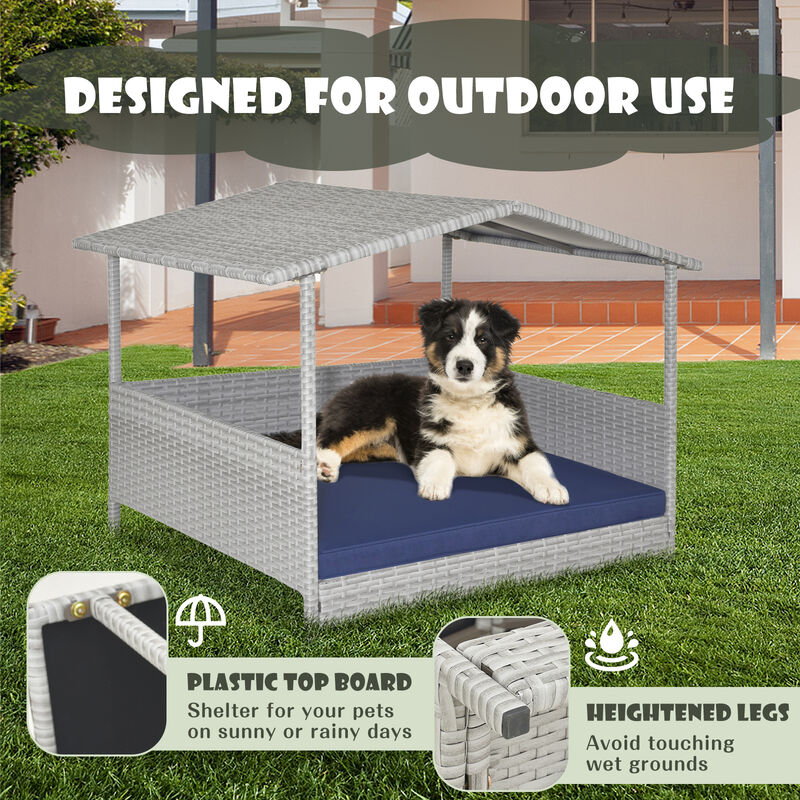 Wicker Dog House with Waterproof Roof and Washable Cushion Cover-Navy