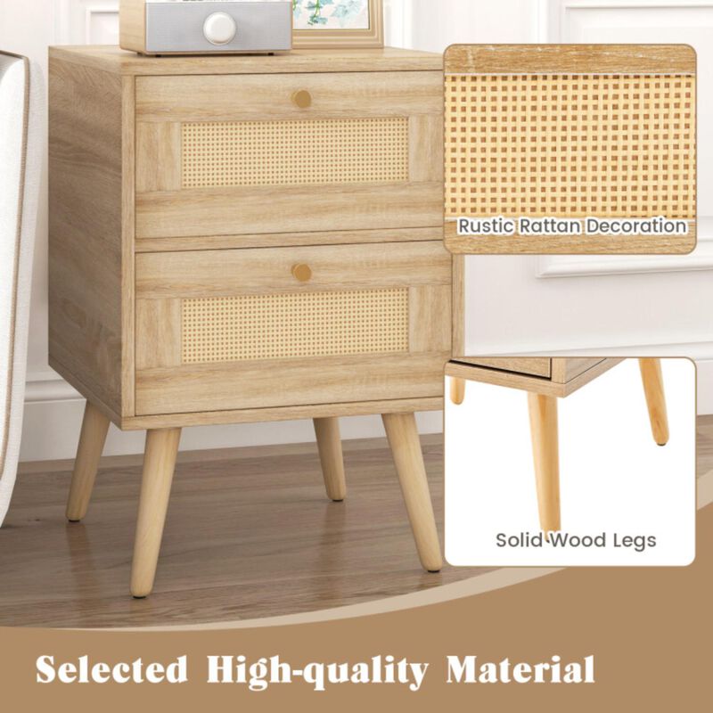 Hivvago Rattan Nightstand Boho Accent Bedside Table with 2 Storage Drawers image number 2