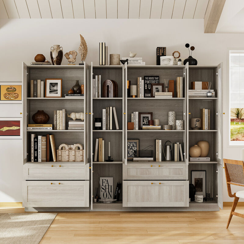 FUFU&GAGA Woodgrain Storage Cabinet with Frosted Glass Doors & Gold Handles, P2 Grade PB Construction, 4 Glass Cabinets, 2 Woodgrain Cabinets & 4 Drawers, Modern Space-Saving Organizer (110.2 x 31.5 x 78.7 in)