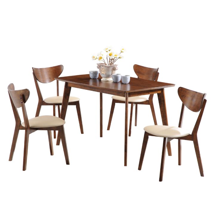 Kosy 5pc Dining Table n 4 Chair Set, Chestnut Brown, Tan Faux Leather