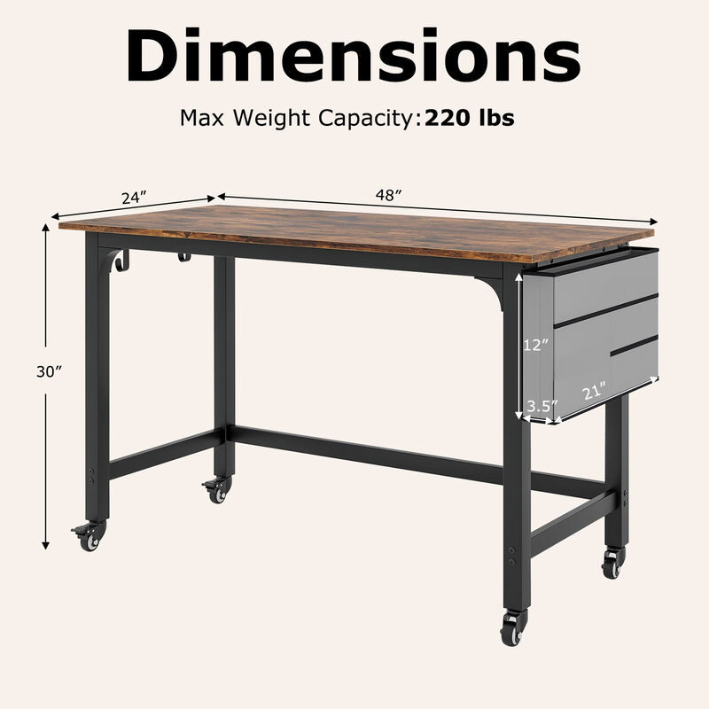 48" Rolling Computer Desk with Heavy-duty Metal Frame for Home and Office