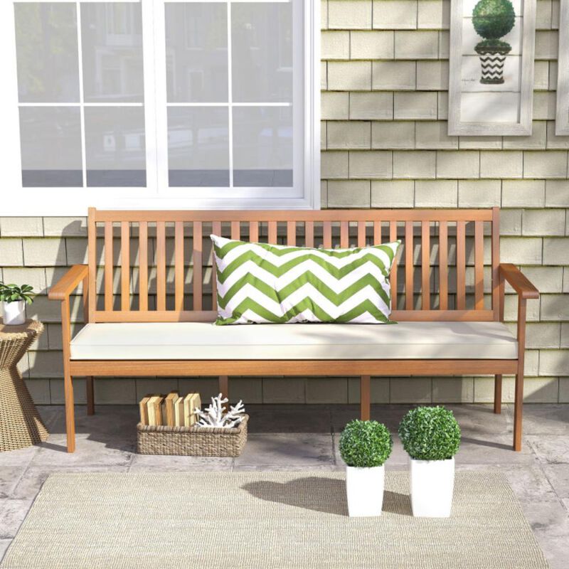 Hivvago Outdoor 3-Seat Wood Bench with Seat Cushion and Slatted Seat