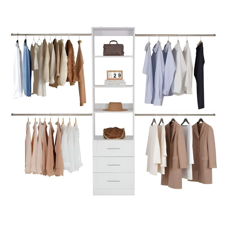 Wooden Closet System with 4 Hanging Rods and Drawer Storage - White image number 3