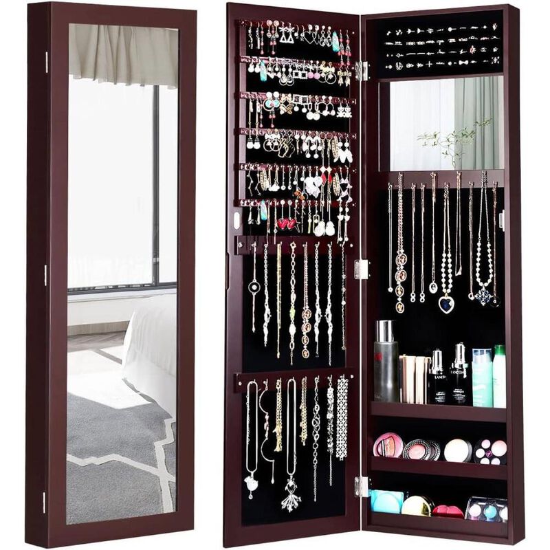 Hivvago 2-in-1 Dark Brown Wall or Door Mounted Jewelry Organizer Full Length Mirror