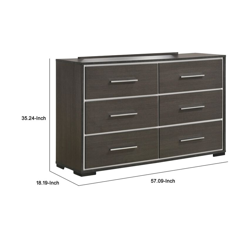 Hez 2pc Dresser and Mirror Set, 6 Drawers, Silver Trim, Modern Dark Brown image number 4