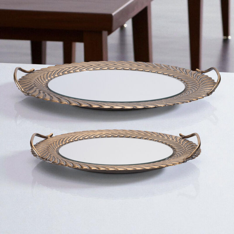Set of 2 Mirror Trays with Ornate Metal Frames for Vanity, Table, or Decor Display