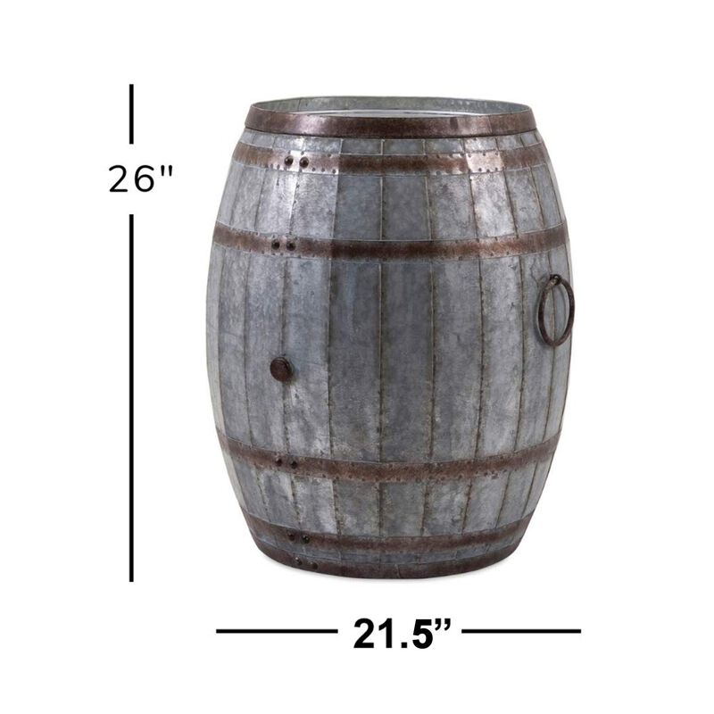 Benjara BM82436 Drum Shape Metal Wine Storage Table with Removable Lid Rustic Brown & Gray