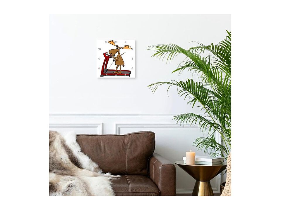 Funny Moose Using Treadmill Exercise Wall Clock 13 Inch Home Decor