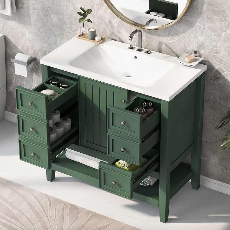 Whisen 36" Bathroom Storage Cabinet Bathroom Vanity with Ceramic Sink, One Cabinet and 3 Drawers image number 3