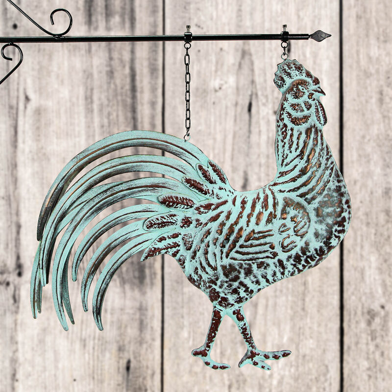 33.5 inch Verdigris Rooster Hanging Metal Wall Sculpture with Wall Bracket image number 5