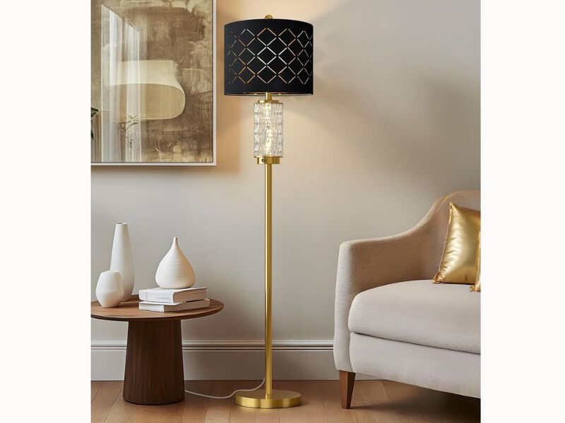 Gold Floor Lamp &ndash; 63.75" Tall, LED Glass Night Light, Black Drum Shade, Vintage Style