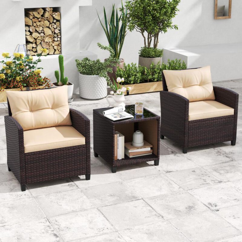 Hivvago 3 Piece Patio Sofa Set Wicker Chairs and Coffee Table with Storage