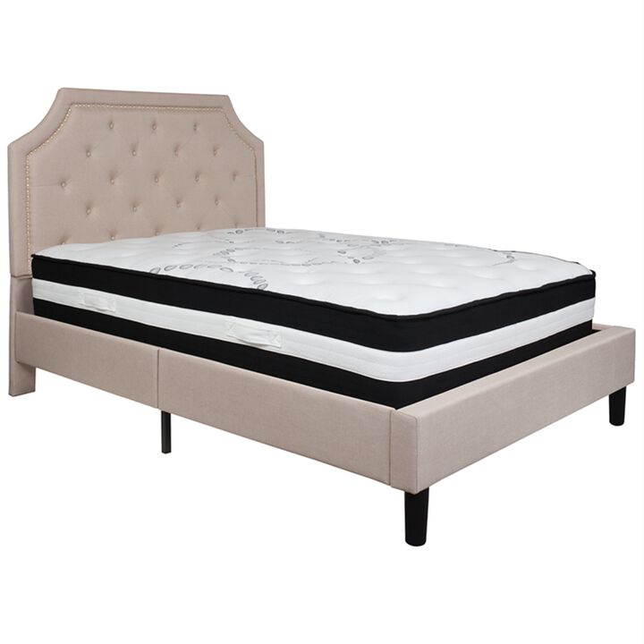 Brighton Full Size Tufted Upholstered Platform Bed in Beige Fabric with Pocket Spring Mattress