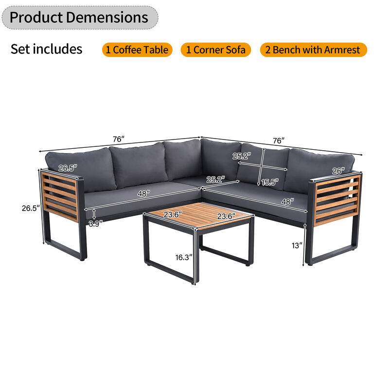 Whisen 4-Piece Metal & Wood Patio Set: L-Shaped Sectional with Cushions & Table